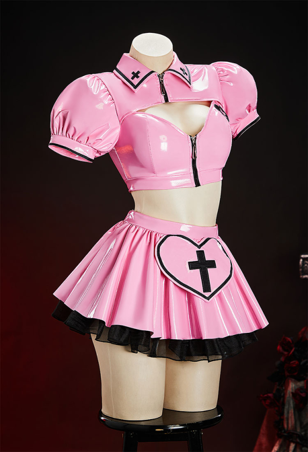 Heart Healer Gothic Nurse Glossy Faux Leather Outfit Puff Sleeve Cutout Crop Top with Pleated Skirt and Headband