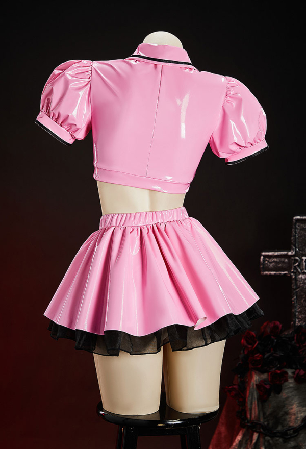 Heart Healer Gothic Nurse Glossy Faux Leather Outfit Puff Sleeve Cutout Crop Top with Pleated Skirt and Headband