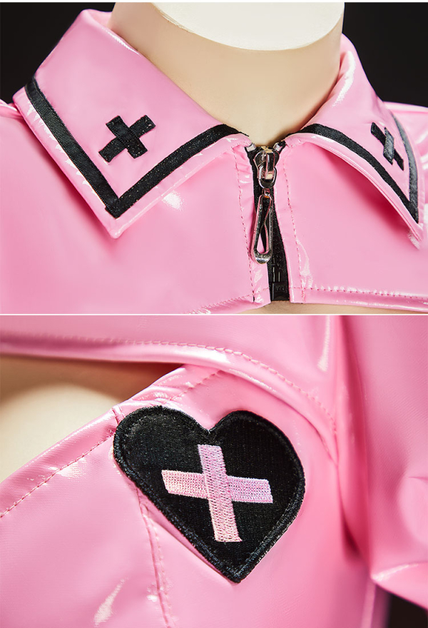 Heart Healer Gothic Nurse Glossy Faux Leather Outfit Puff Sleeve Cutout Crop Top with Pleated Skirt and Headband