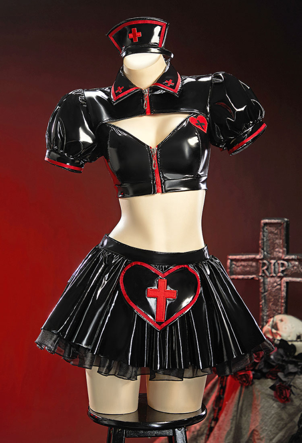 Heart Healer Gothic Nurse Glossy Faux Leather Outfit Puff Sleeve Cutout Crop Top with Pleated Skirt and Headband