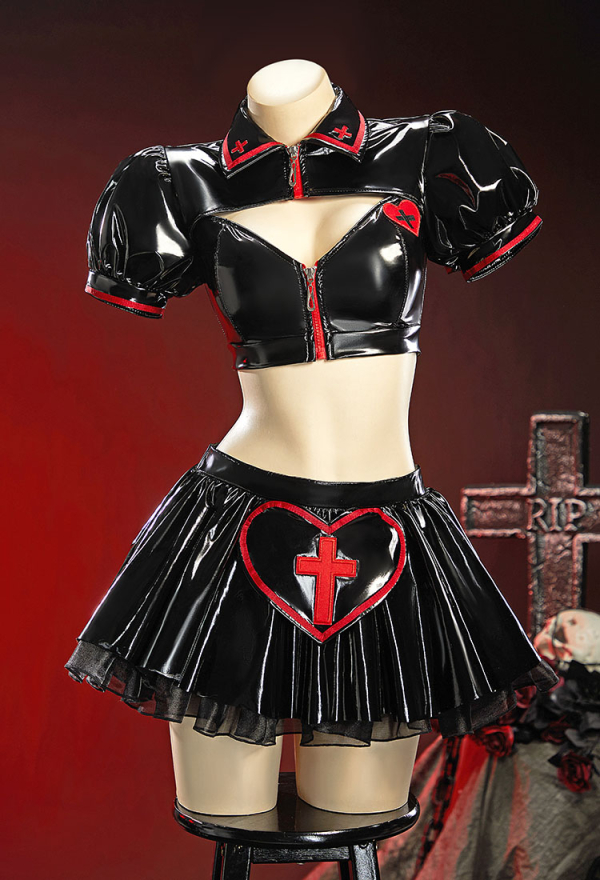 Heart Healer Gothic Nurse Glossy Faux Leather Outfit Puff Sleeve Cutout Crop Top with Pleated Skirt and Headband