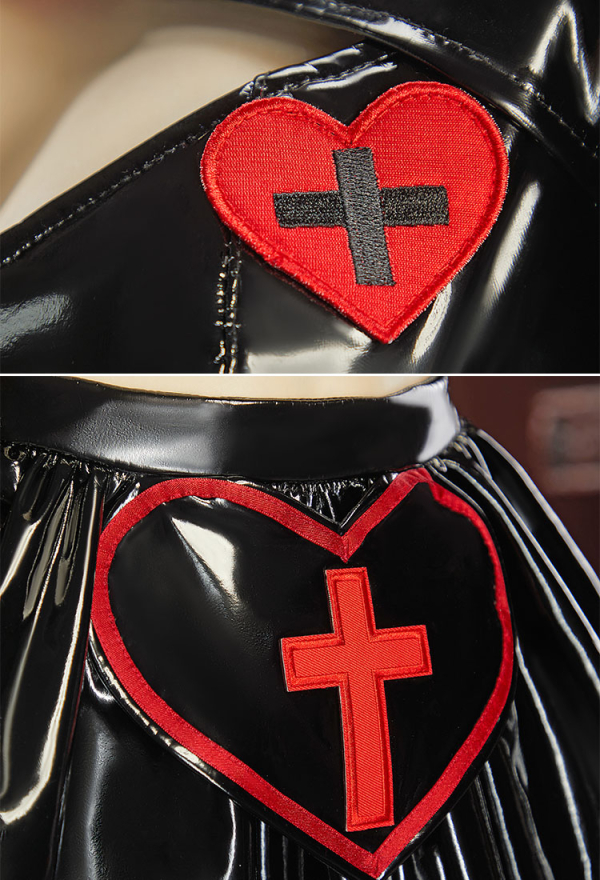Heart Healer Gothic Nurse Glossy Faux Leather Outfit Puff Sleeve Cutout Crop Top with Pleated Skirt and Headband