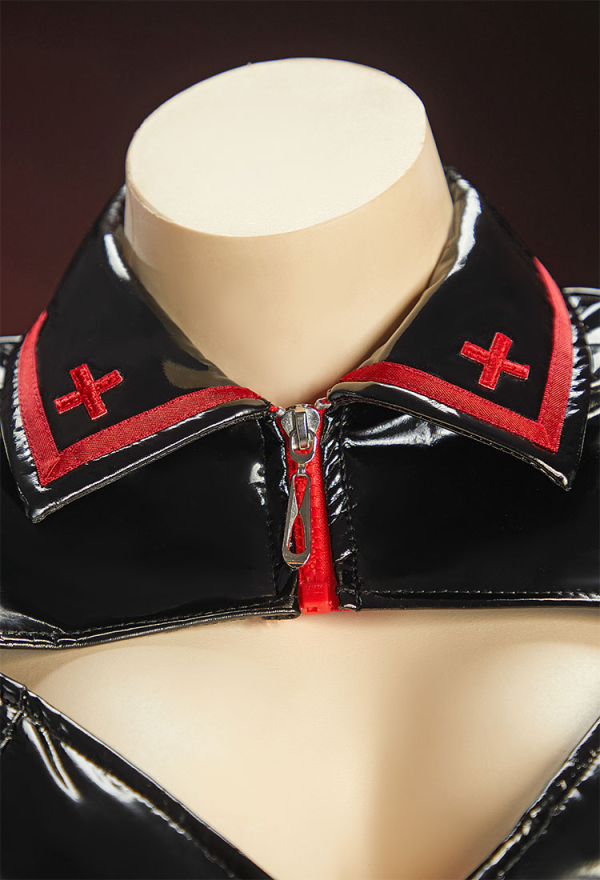 Heart Healer Gothic Nurse Glossy Faux Leather Outfit Puff Sleeve Cutout Crop Top with Pleated Skirt and Headband