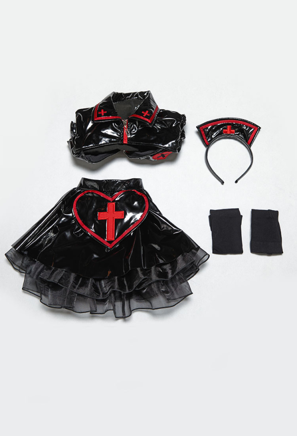Heart Healer Gothic Nurse Glossy Faux Leather Outfit Puff Sleeve Cutout Crop Top with Pleated Skirt and Headband