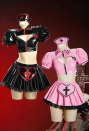 Heart Healer Gothic Nurse Glossy Faux Leather Outfit Puff Sleeve Cutout Crop Top with Pleated Skirt and Headband