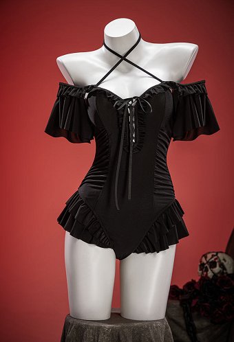Timeless Abyss Black Victorian Swimwear Vintage Off-shoulder Bathing Suit Cross Lace-up Ruffle One Piece Swimsuit
