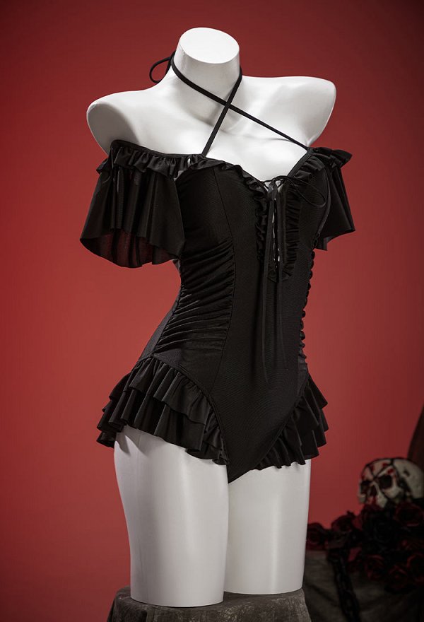 Timeless Abyss Black Victorian Swimwear Vintage Off-shoulder Bathing Suit Cross Lace-up Ruffle One Piece Swimsuit Timeless Abyss Black Victorian Swimwear Vintage Off-shoulder Bathing Suit Cross Lace-up Ruffle One Piece Swimsuit