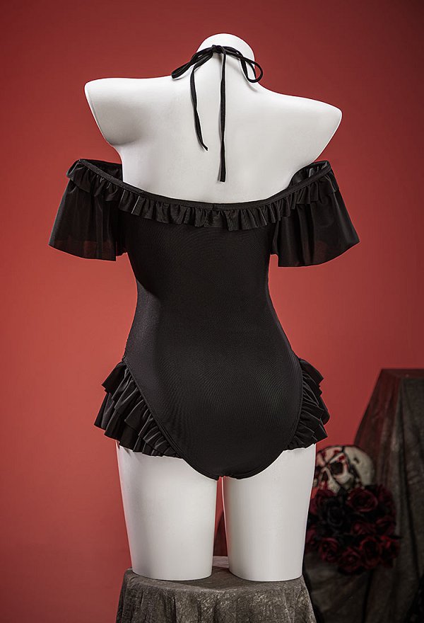 Timeless Abyss Black Victorian Swimwear Vintage Off-shoulder Bathing Suit Cross Lace-up Ruffle One Piece Swimsuit Timeless Abyss Black Victorian Swimwear Vintage Off-shoulder Bathing Suit Cross Lace-up Ruffle One Piece Swimsuit