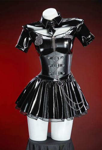 Dark Code Black Police Sexy Lingerie Set Cutout Top Mini Skirt Belt and Hat