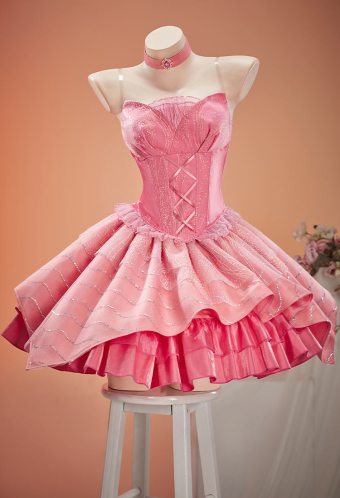Witch's Requiem Gothic Pink Corset Skirt Set Off-Shoulder Top and Layered Skirt with Choker and Gloves