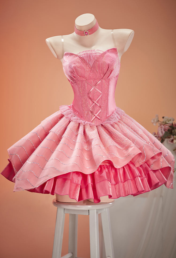 Witch's Requiem Gothic Pink Corset Skirt Set Off-Shoulder Top and Layered Skirt with Choker and Gloves