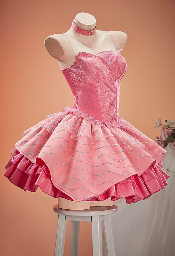 Witch's Requiem Gothic Pink Corset Skirt Set Off-Shoulder Top and Layered Skirt with Choker and Gloves