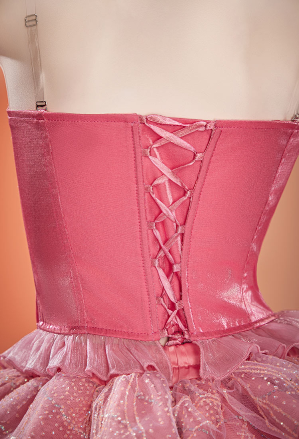 Witch's Requiem Gothic Pink Corset Skirt Set Off-Shoulder Top and Layered Skirt with Choker and Gloves