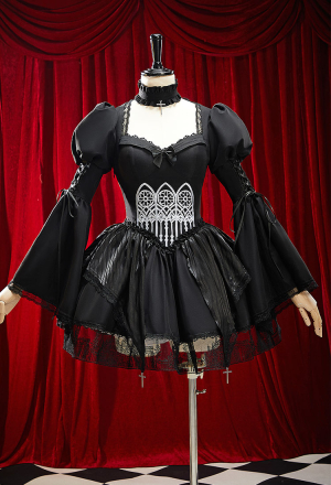 Moonlight Romance Gothic Black Church Design Lolita Dress Dark Vintage Style Puffed Sleeve Layered Dress with Neckwear