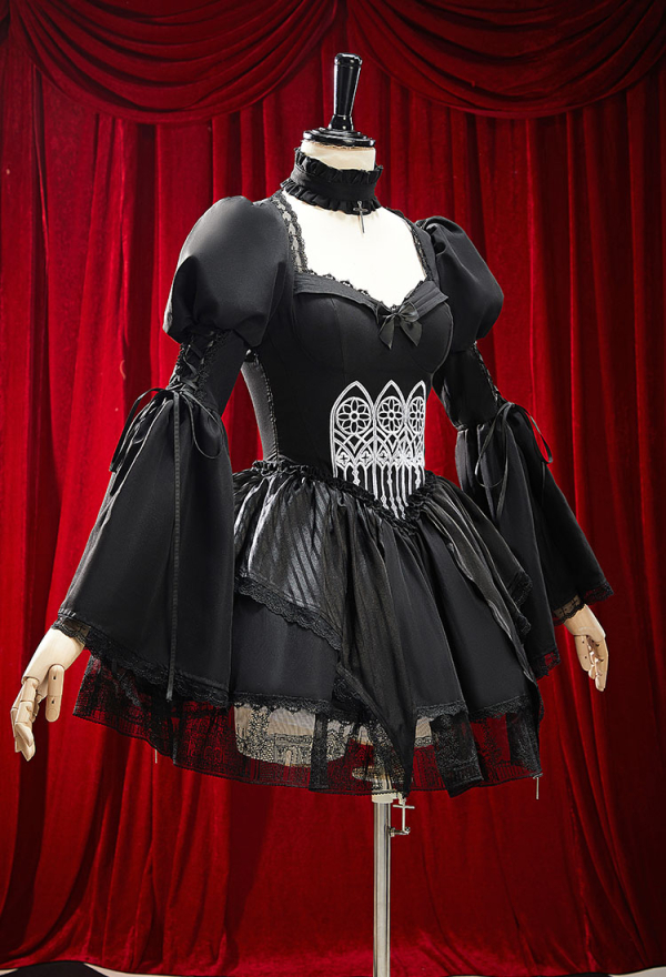 Moonlight Romance Gothic Black Church Design Lolita Dress Dark Vintage Style Puffed Sleeve Layered Dress with Neckwear