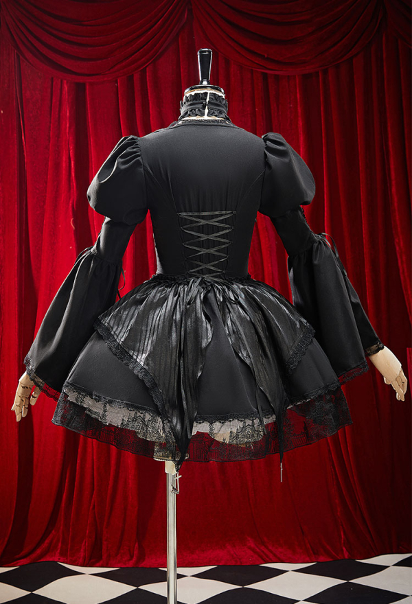 Moonlight Romance Gothic Black Church Design Lolita Dress Dark Vintage Style Puffed Sleeve Layered Dress with Neckwear