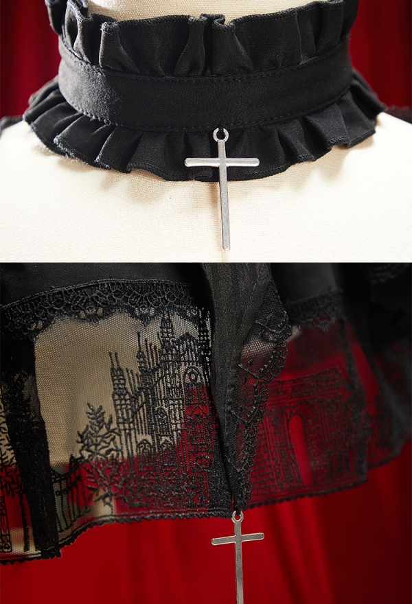 Moonlight Romance Gothic Black Church Design Lolita Dress Dark Vintage Style Puffed Sleeve Layered Dress with Neckwear