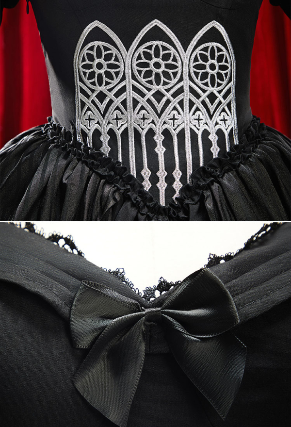 Moonlight Romance Gothic Black Church Design Lolita Dress Dark Vintage Style Puffed Sleeve Layered Dress with Neckwear