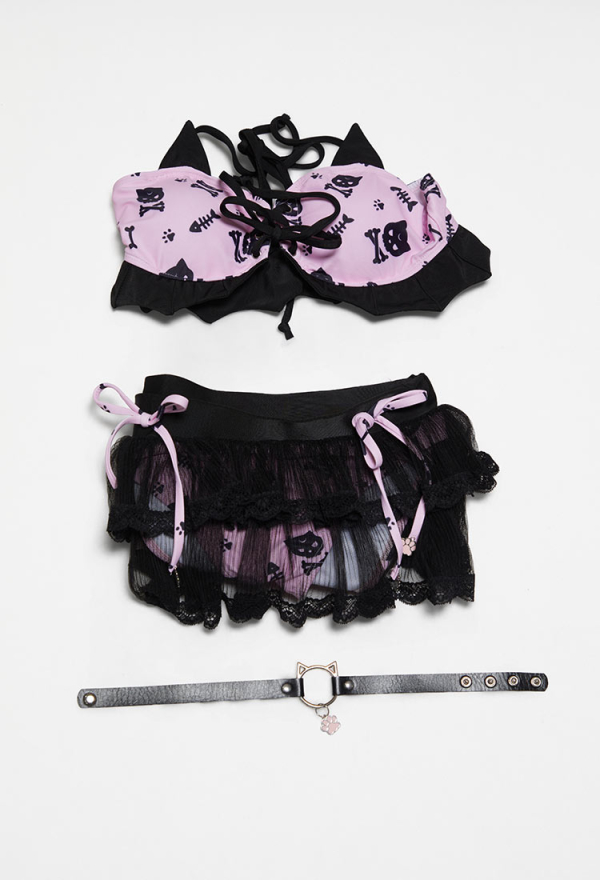 Midnight Meow Gothic Cat Bat Two-Piece Swimsuit Halter Top and Skirt Bathing Suit with Choker Midnight Meow Gothic Cat Bat Two-Piece Swimsuit Halter Top and Skirt Bathing Suit with Choker