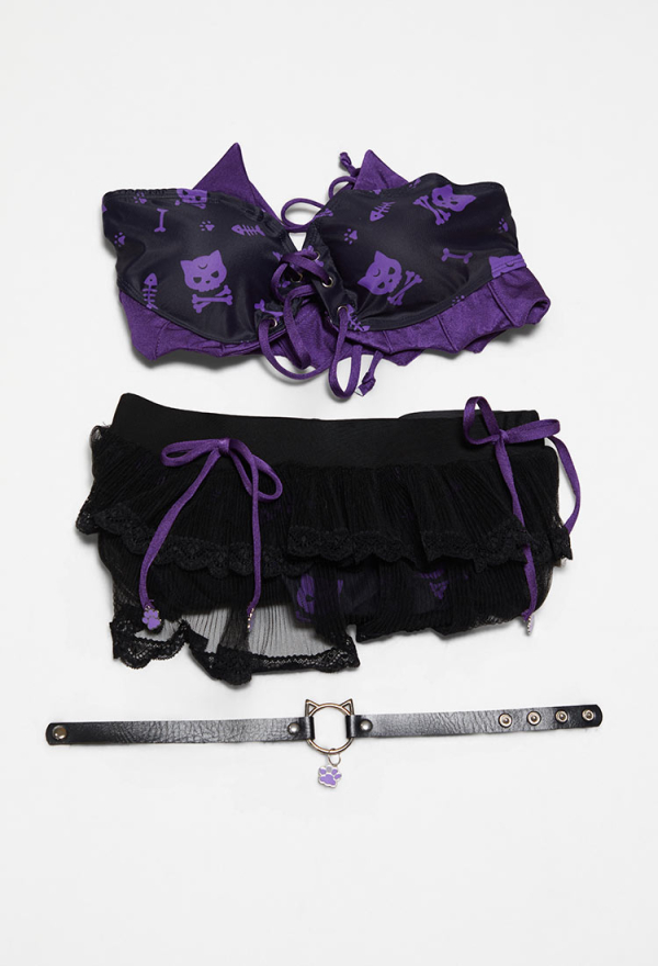 Midnight Meow Gothic Cat Bat Two-Piece Swimsuit Halter Top and Skirt Bathing Suit with Choker Midnight Meow Gothic Cat Bat Two-Piece Swimsuit Halter Top and Skirt Bathing Suit with Choker