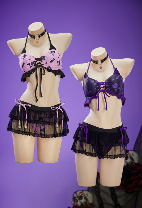 Midnight Meow Gothic Cat Bat Two-Piece Swimsuit Halter Top and Skirt Bathing Suit with Choker Midnight Meow Gothic Cat Bat Two-Piece Swimsuit Halter Top and Skirt Bathing Suit with Choker
