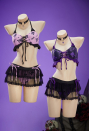 Midnight Meow Gothic Cat Bat Two-Piece Swimsuit Halter Top and Skirt Bathing Suit with Choker