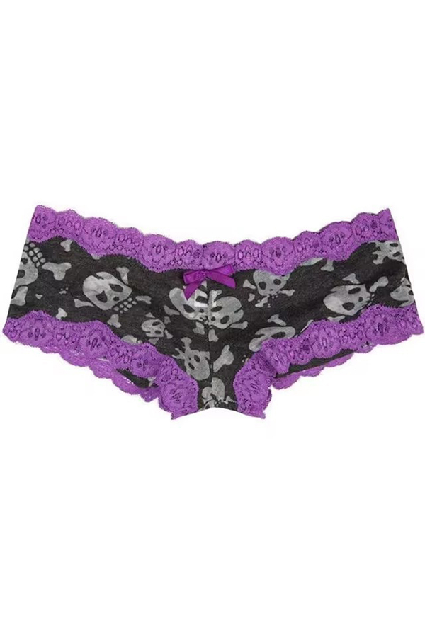 Gothic Skull Print Shorts Purple Lace Bow-Adorned Shorts