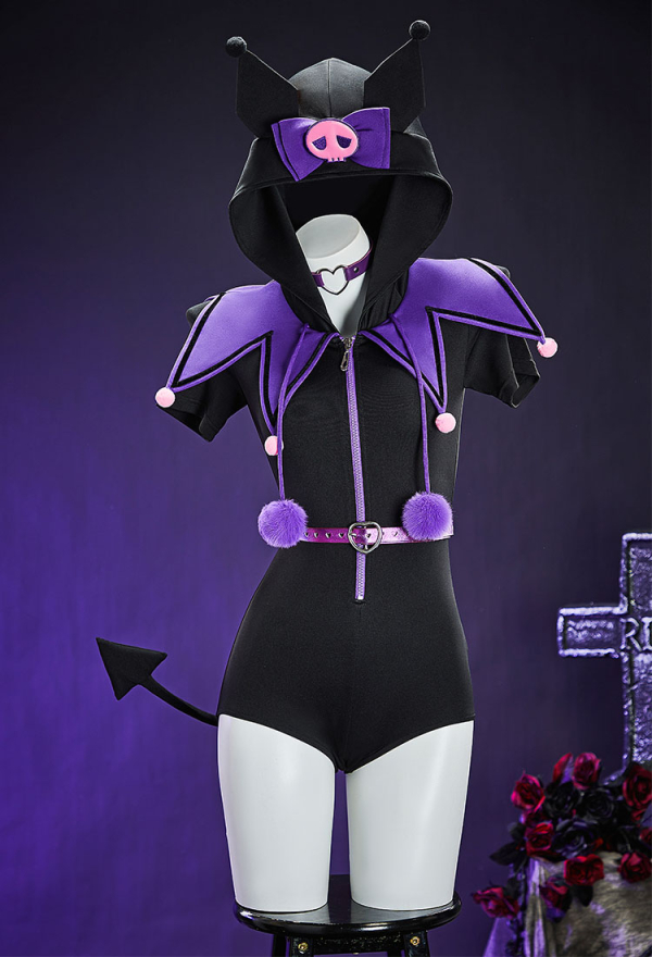 Anime Doll Black Purple Summer Homewear Cute Hooded Bodysuit with Tail and Belt Anime Doll Black Purple Summer Homewear Cute Hooded Bodysuit with Tail and Belt