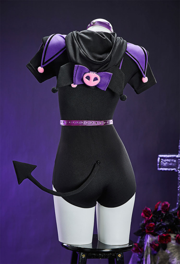 Anime Doll Black Purple Summer Homewear Cute Hooded Bodysuit with Tail and Belt Anime Doll Black Purple Summer Homewear Cute Hooded Bodysuit with Tail and Belt