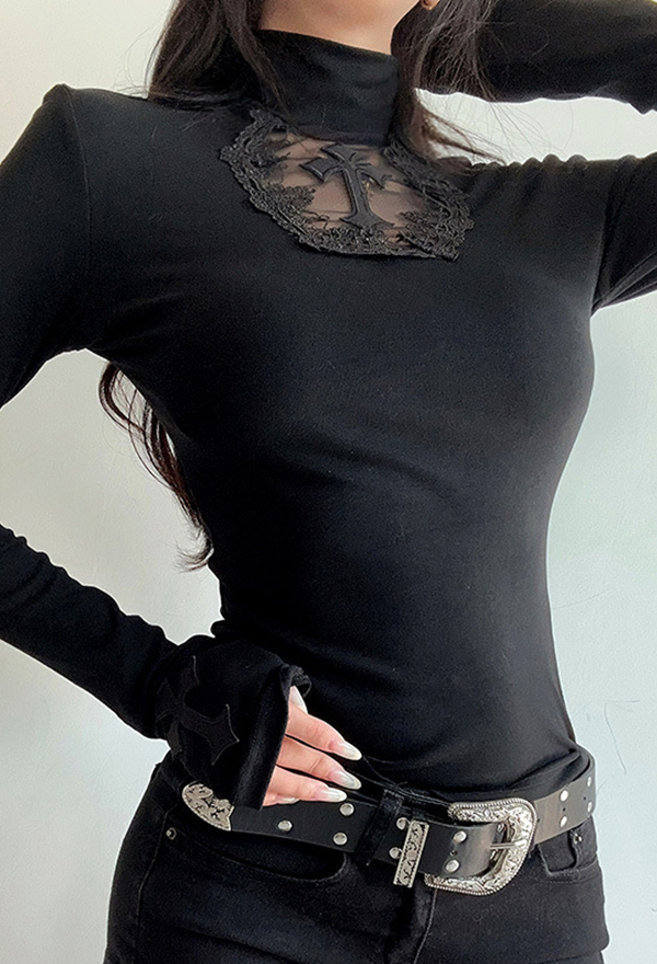 Gothic Black Slim Long Sleeve Top Dark Style Cross Pattern Mesh Cutout Top