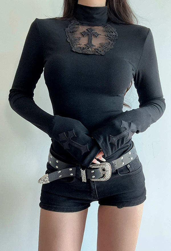Gothic Black Slim Long Sleeve Top Dark Style Cross Pattern Mesh Cutout Top