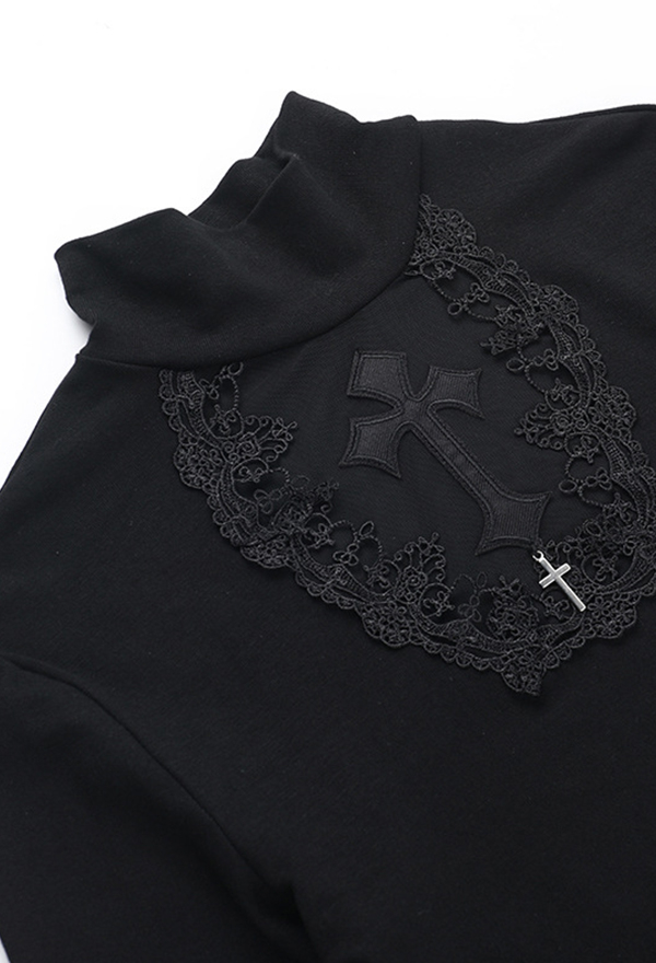 Gothic Black Slim Long Sleeve Top Dark Style Cross Pattern Mesh Cutout Top