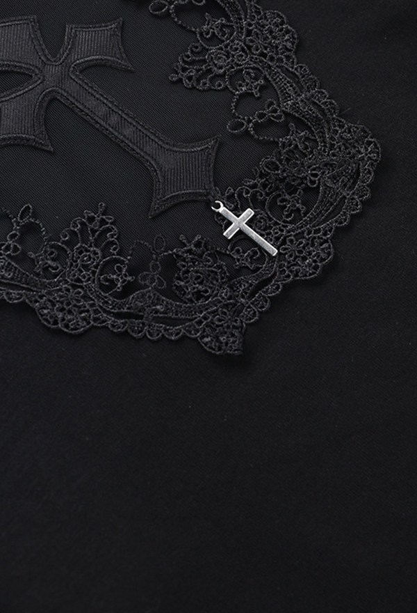 Gothic Black Slim Long Sleeve Top Dark Style Cross Pattern Mesh Cutout Top