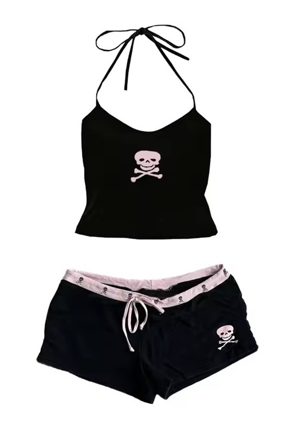 Gothic Black Set Dark Style Skull Print Halter Top and Shorts