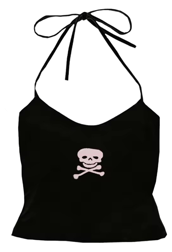 Gothic Black Set Dark Style Skull Print Halter Top and Shorts