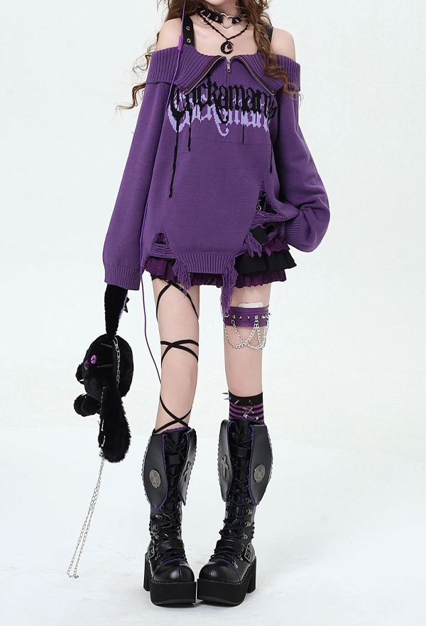 Gothic Purple Off-shoulder Collared Sweater Y2K Style Letter Print Distressed Knitwear