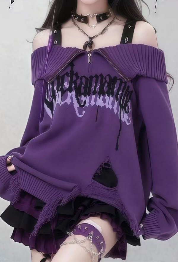 Gothic Purple Off-shoulder Collared Sweater Y2K Style Letter Print Distressed Knitwear