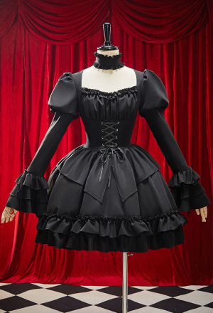 Moonlight Romance Victorian Gothic Black Lolita Dress Vintage Style Puff Sleeve Lace-Up Dress with Neck Accessory