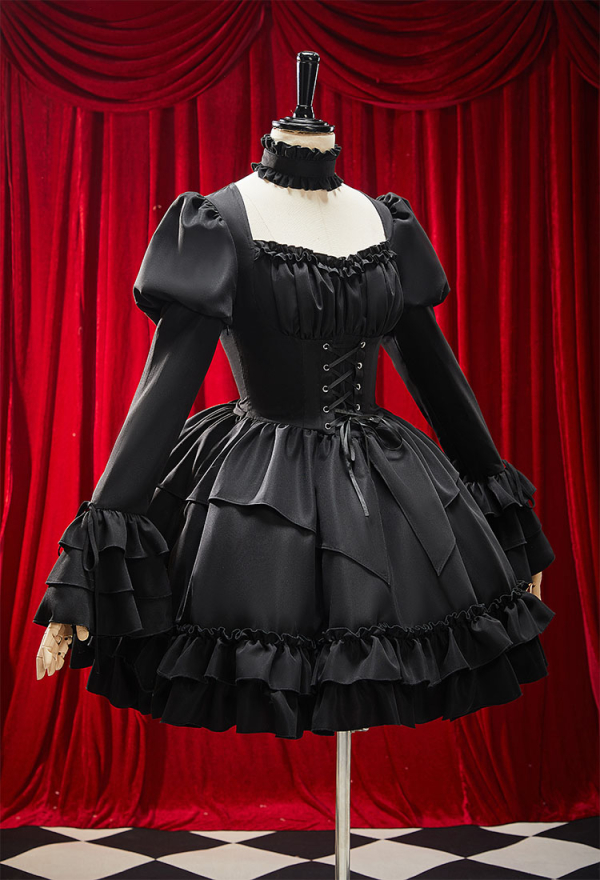 Moonlight Romance Victorian Gothic Black Lolita Dress Vintage Style Puff Sleeve Lace-Up Dress with Neck Accessory