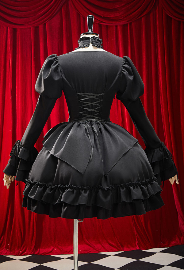 Moonlight Romance Victorian Gothic Black Lolita Dress Vintage Style Puff Sleeve Lace-Up Dress with Neck Accessory