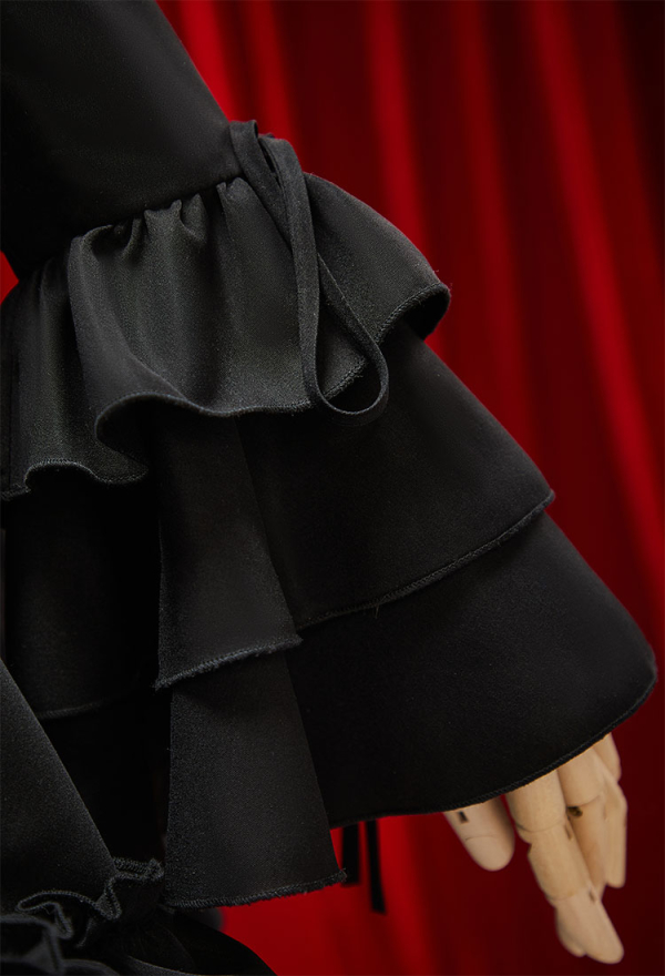 Moonlight Romance Victorian Gothic Black Lolita Dress Vintage Style Puff Sleeve Lace-Up Dress with Neck Accessory