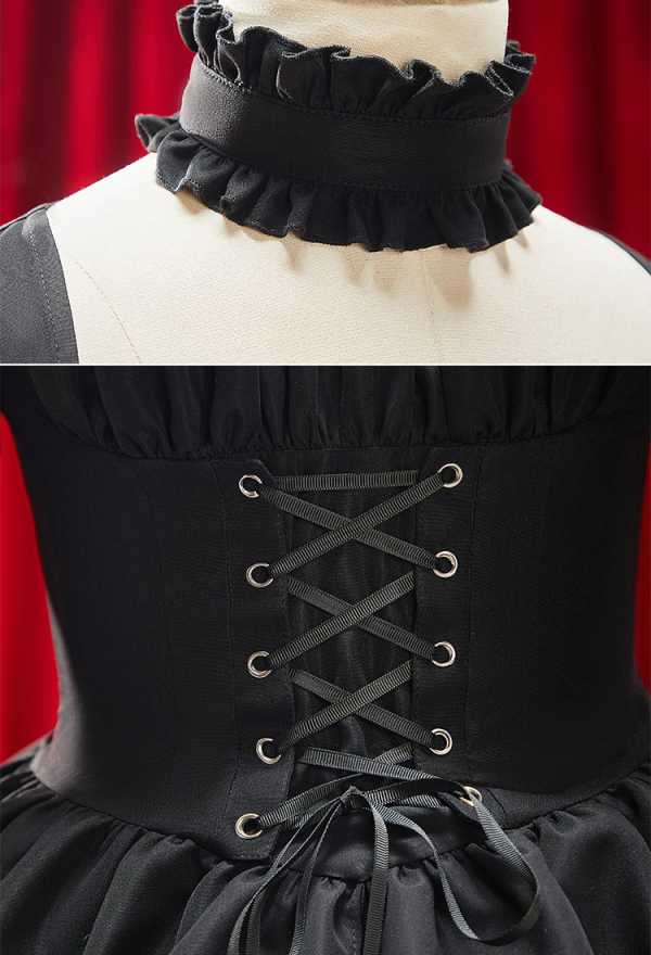 Moonlight Romance Victorian Gothic Black Lolita Dress Vintage Style Puff Sleeve Lace-Up Dress with Neck Accessory