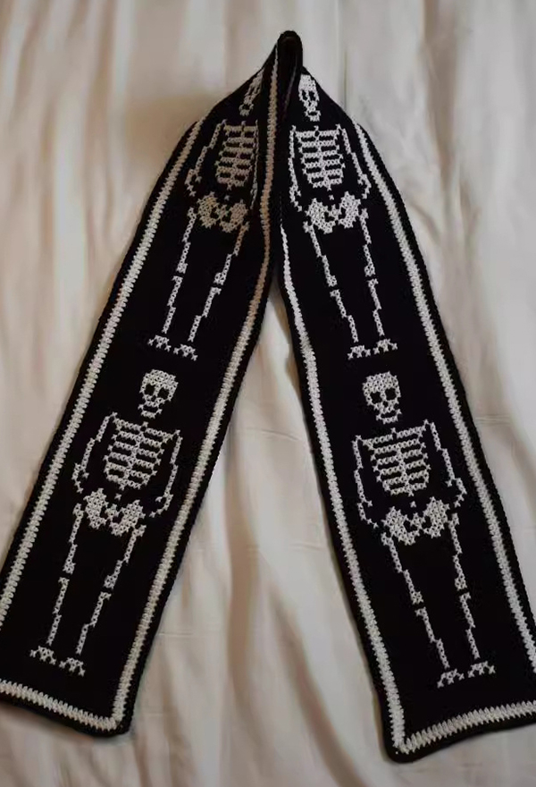 Gothic Black Skeleton Pattern Scarf Dark Style Knit Scarf
