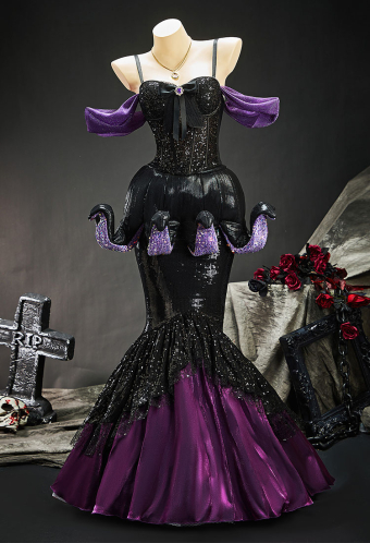 Ursula's Abyss Gothic Black Purple Corset Skirt Set Sequined Off-Shoulder Top with Octopus Claw Design Fishtail Skirt