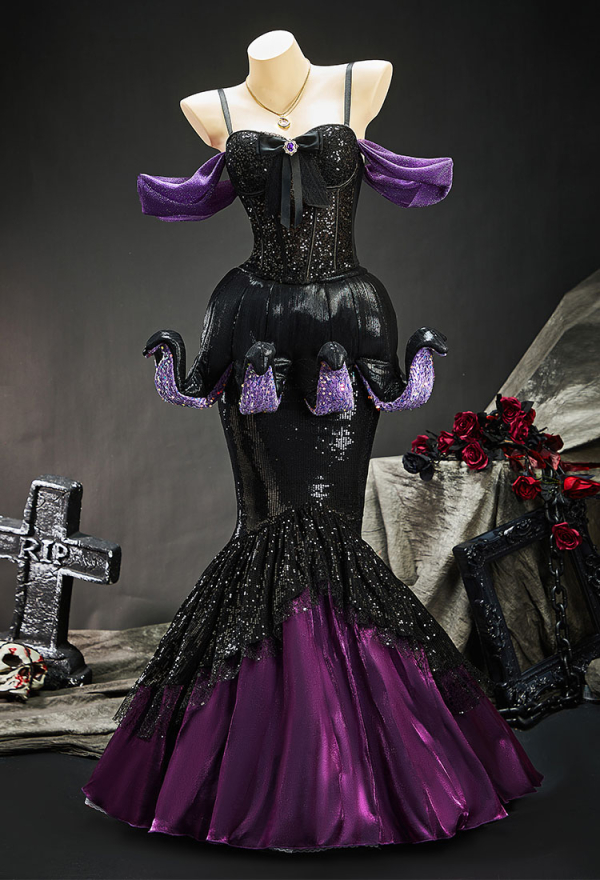 Ursula's Abyss Gothic Black Purple Corset Skirt Set Sequined Off-Shoulder Top with Octopus Claw Design Fishtail Skirt Ursula's Abyss Gothic Black Purple Corset Skirt Set Sequined Off-Shoulder Top with Octopus Claw Design Fishtail Skirt