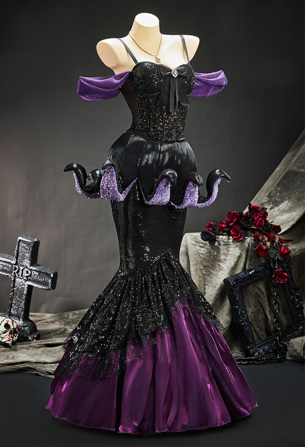 Ursula's Abyss Gothic Black Purple Corset Skirt Set Sequined Off-Shoulder Top with Octopus Claw Design Fishtail Skirt Ursula's Abyss Gothic Black Purple Corset Skirt Set Sequined Off-Shoulder Top with Octopus Claw Design Fishtail Skirt
