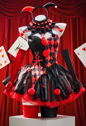 Moonlit Jester Gothic Clown Costume Red-Black Patchwork Corset Skirt Set Diamond Pattern Top and Puffy Skirt with Collar and Gloves