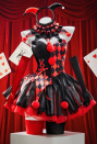 Moonlit Jester Gothic Clown Costume Red-Black Patchwork Corset Skirt Set Diamond Pattern Top and Puffy Skirt with Collar and Gloves