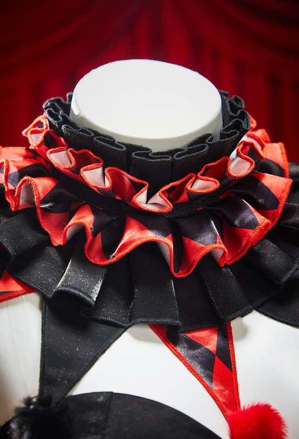 Moonlit Jester Gothic Clown Costume Red-Black Patchwork Corset Skirt Set Diamond Pattern Top and Puffy Skirt with Collar and Gloves Moonlit Jester Gothic Clown Costume Red-Black Patchwork Corset Skirt Set Diamond Pattern Top and Puffy Skirt with Collar and Gloves