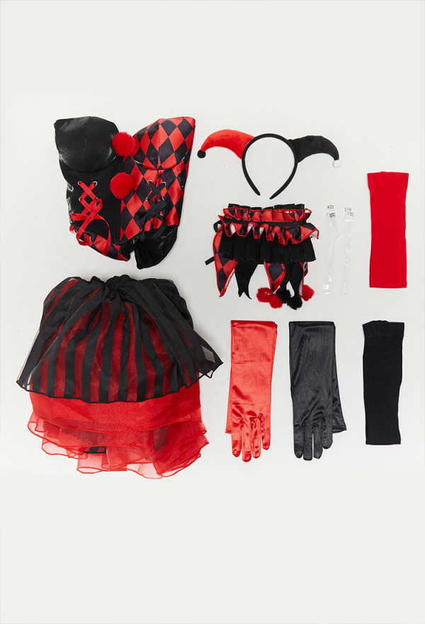 Moonlit Jester Gothic Clown Costume Red-Black Patchwork Corset Skirt Set Diamond Pattern Top and Puffy Skirt with Collar and Gloves Moonlit Jester Gothic Clown Costume Red-Black Patchwork Corset Skirt Set Diamond Pattern Top and Puffy Skirt with Collar and Gloves
